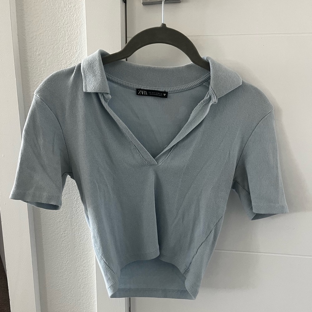 Zara Baby Blue Ribbed Cropped Polo Small - Picture 3 of 5